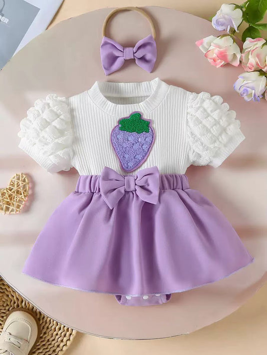 Cute Lavender Strawberry Bow Baby Dress Set