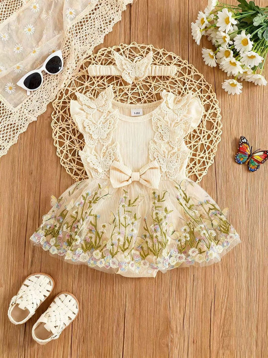 Elegant Floral Butterfly Lace Baby Dress Set