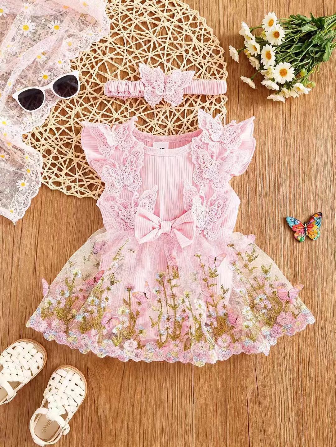 Princess Pink Butterfly Floral Baby Dress Set