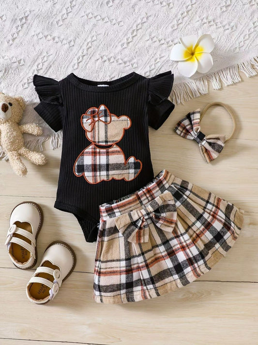 Cute Bear Plaid Skirt Baby Girl Outfit Set