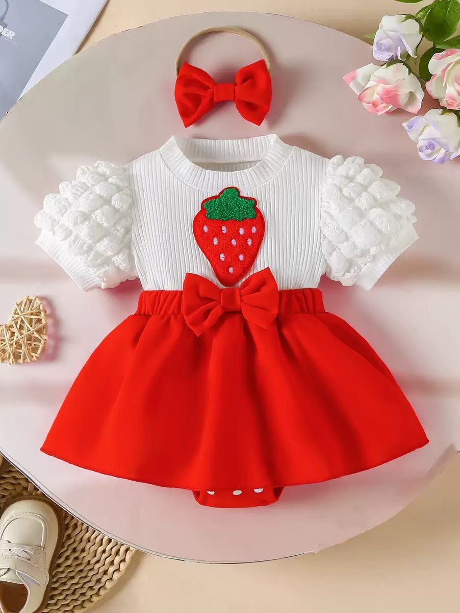 Cute Lavender Strawberry Bow Baby Dress Set