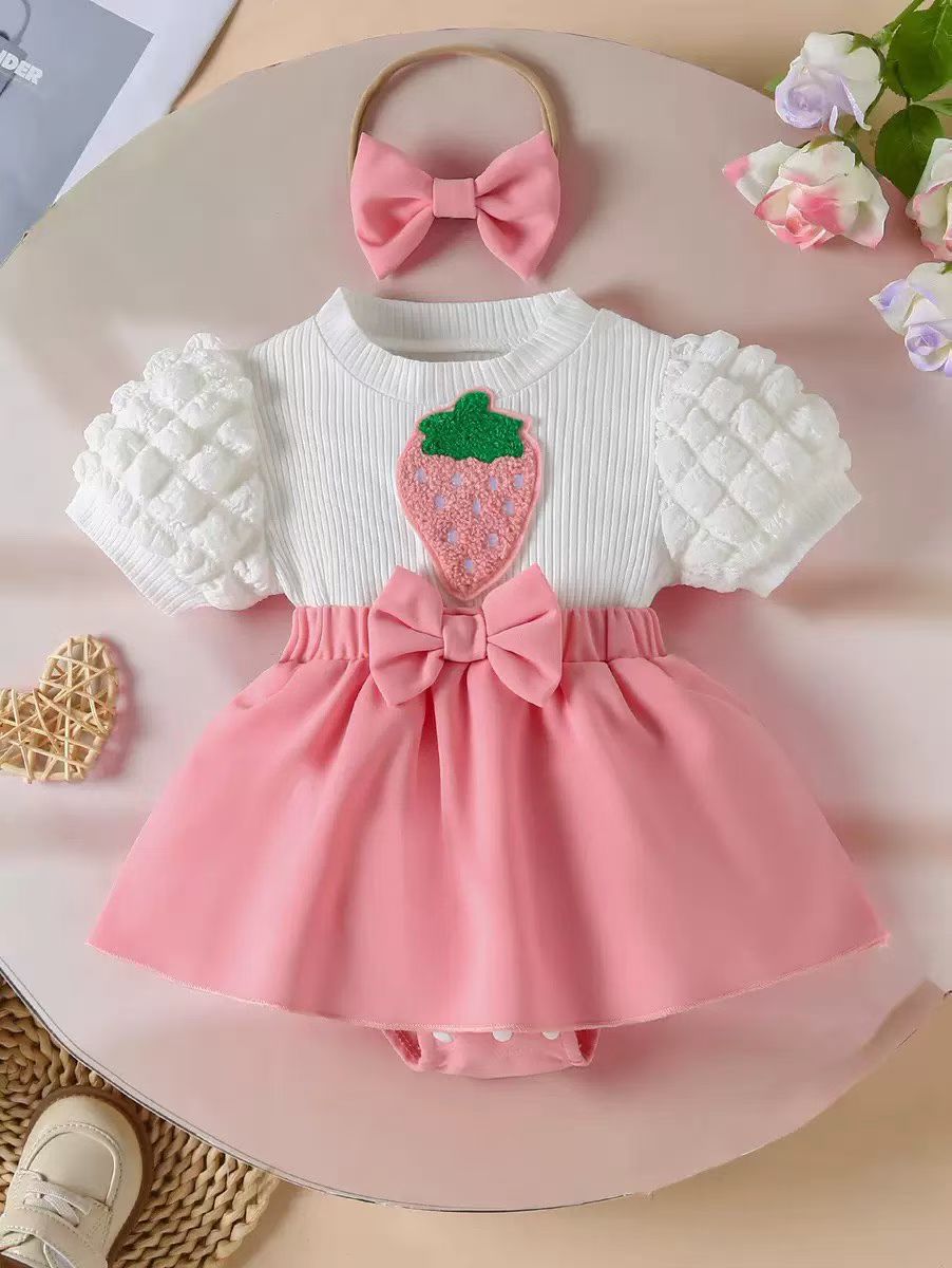 Cute Lavender Strawberry Bow Baby Dress Set