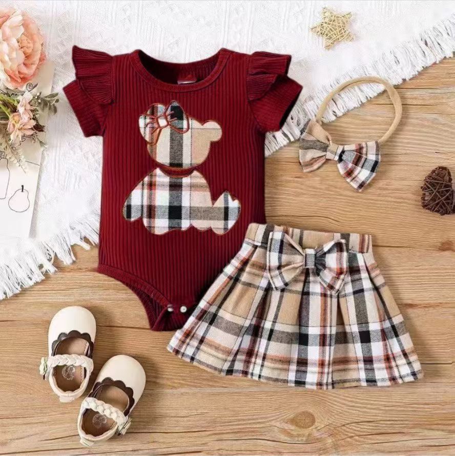 Cute Bear Plaid Skirt Baby Girl Outfit Set